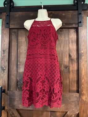 Express Red Crochet Halter Mini Dress